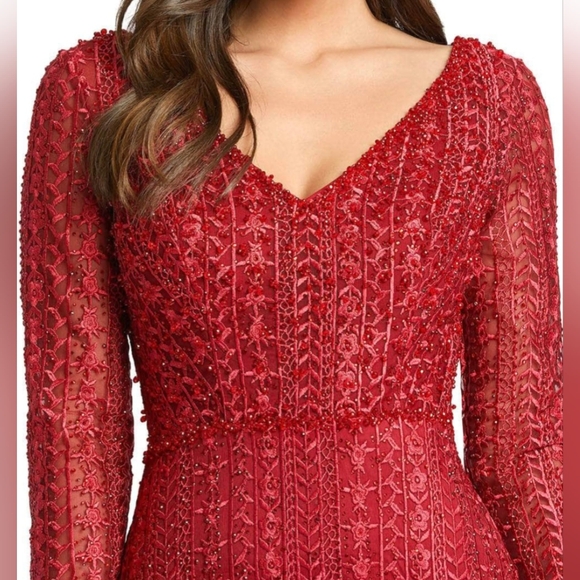 Mac Duggal 20271 Mother of the Bride Gown Red Long Sleeve Dress Embroidered Mesh - Picture 3 of 3